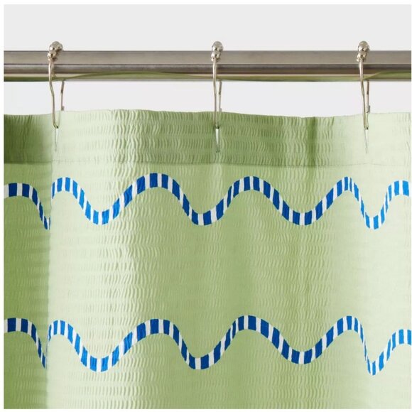 ROOM ESSENTIALS Green Shower Curtain & 12 Shower Hooks Bath Set 72X72 - Picture 6 of 7